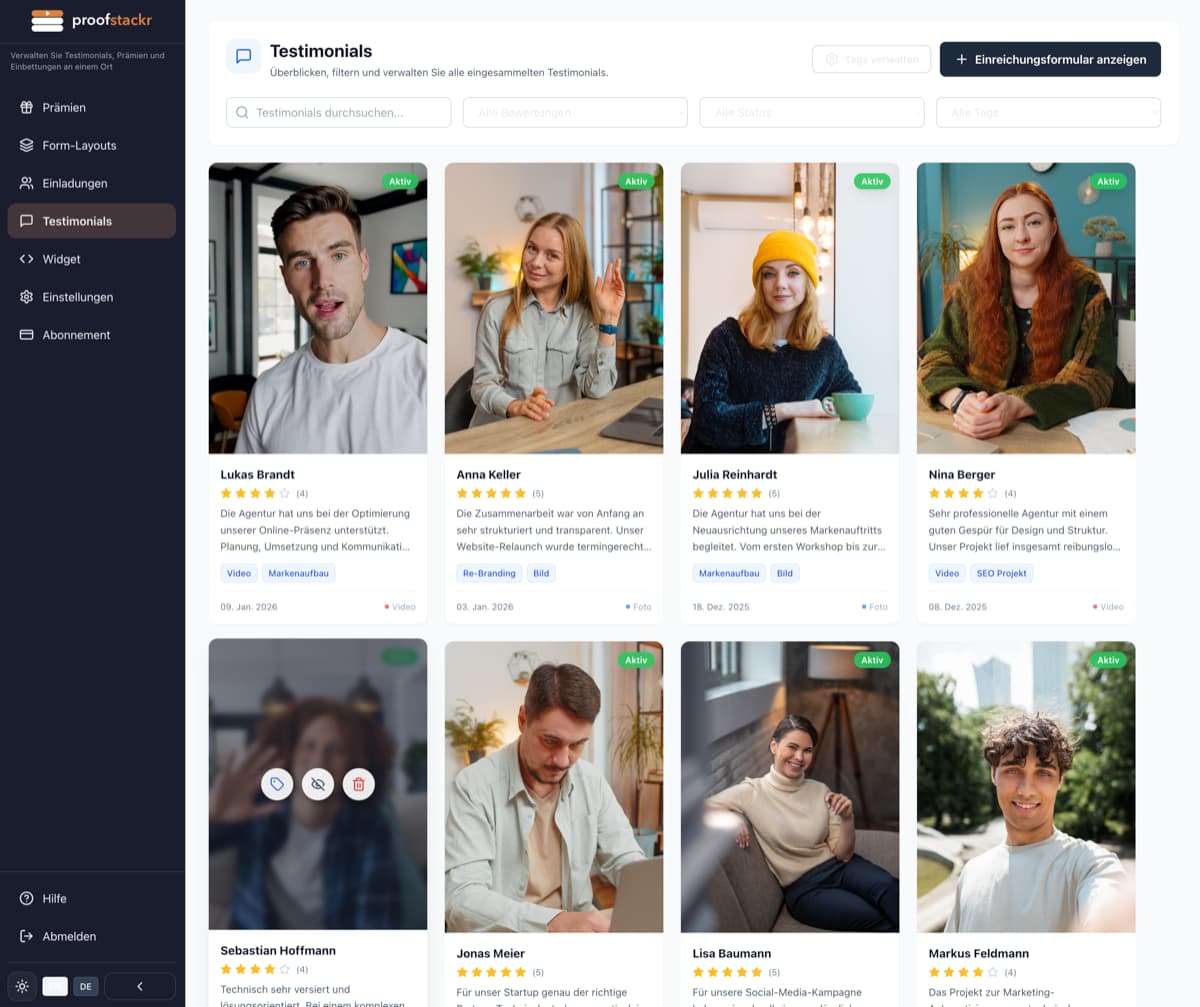 Dashboard mit Übersicht aller abgegebenen Kunden-Testimonials in ProofStackr