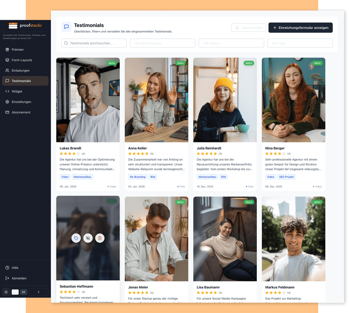 Testimonial Verwaltung mit Tagging-Funktion zur einfachen Organisation von Kundenbewertungen in ProofStackr