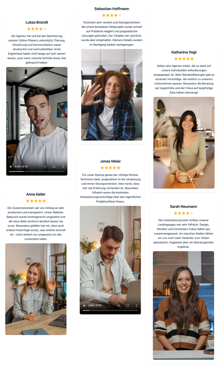 Beispiel einer Testimonial Wall mit echten Kundenbewertungen auf einer Website