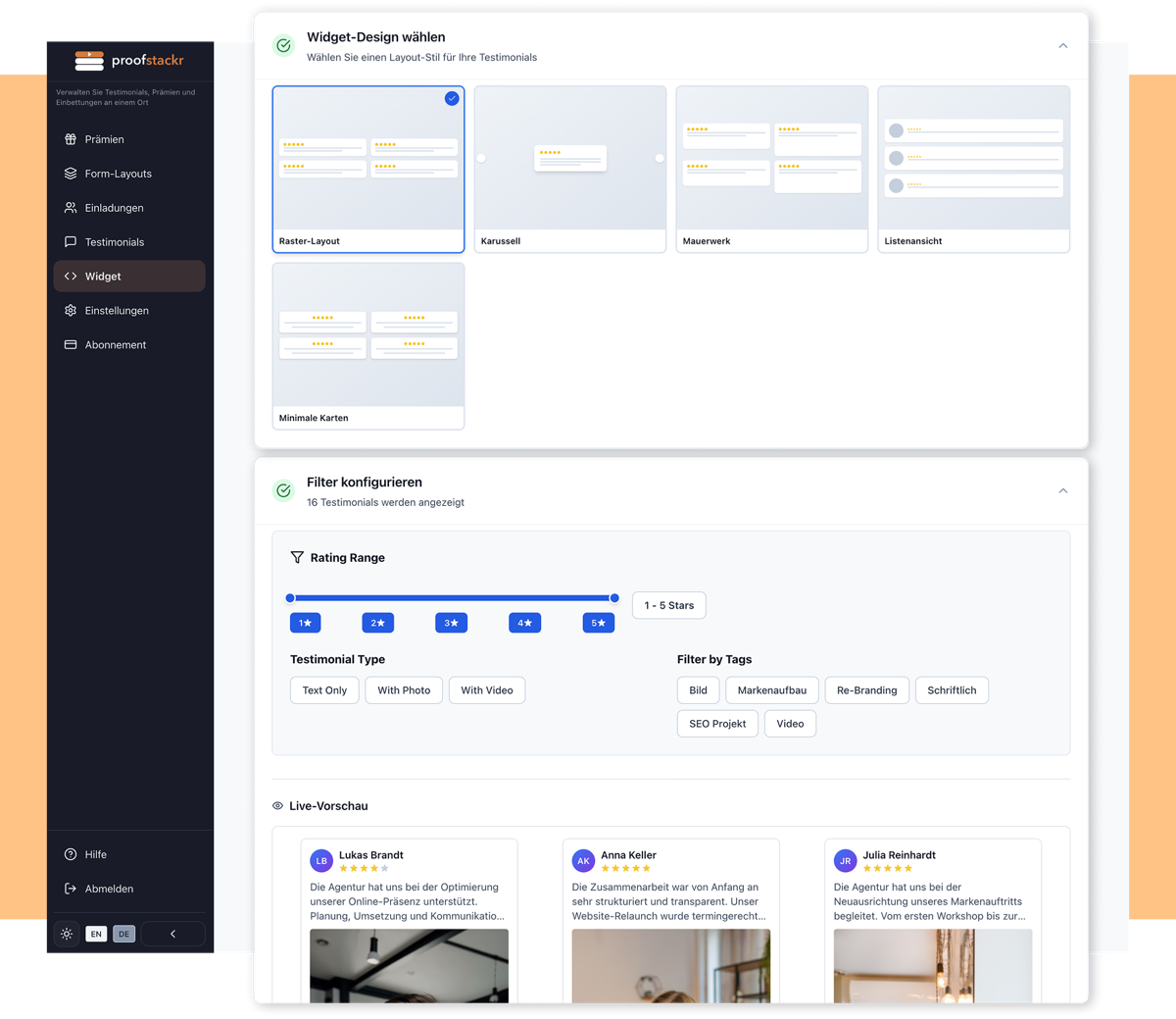 Erstellung eines Testimonial Widgets mit Filterfunktionen für Kundenbewertungen in ProofStackr